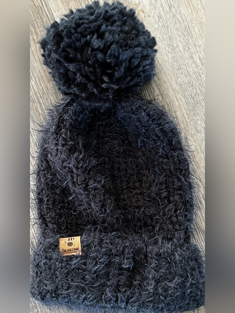 BearPaw Black Fuzzy Pom Knit Hat Womens